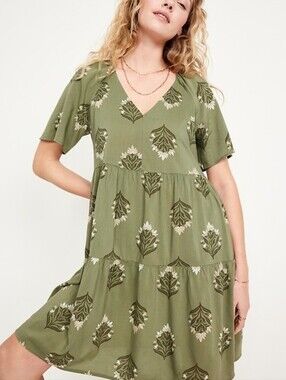 Old Navy Olive Green Floral V‑Neck Mini Tiered Swing Dress